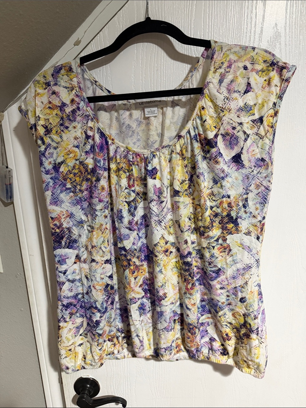 Liz Claiborne Yellow and Purple Floral Scoop Neck Blouse